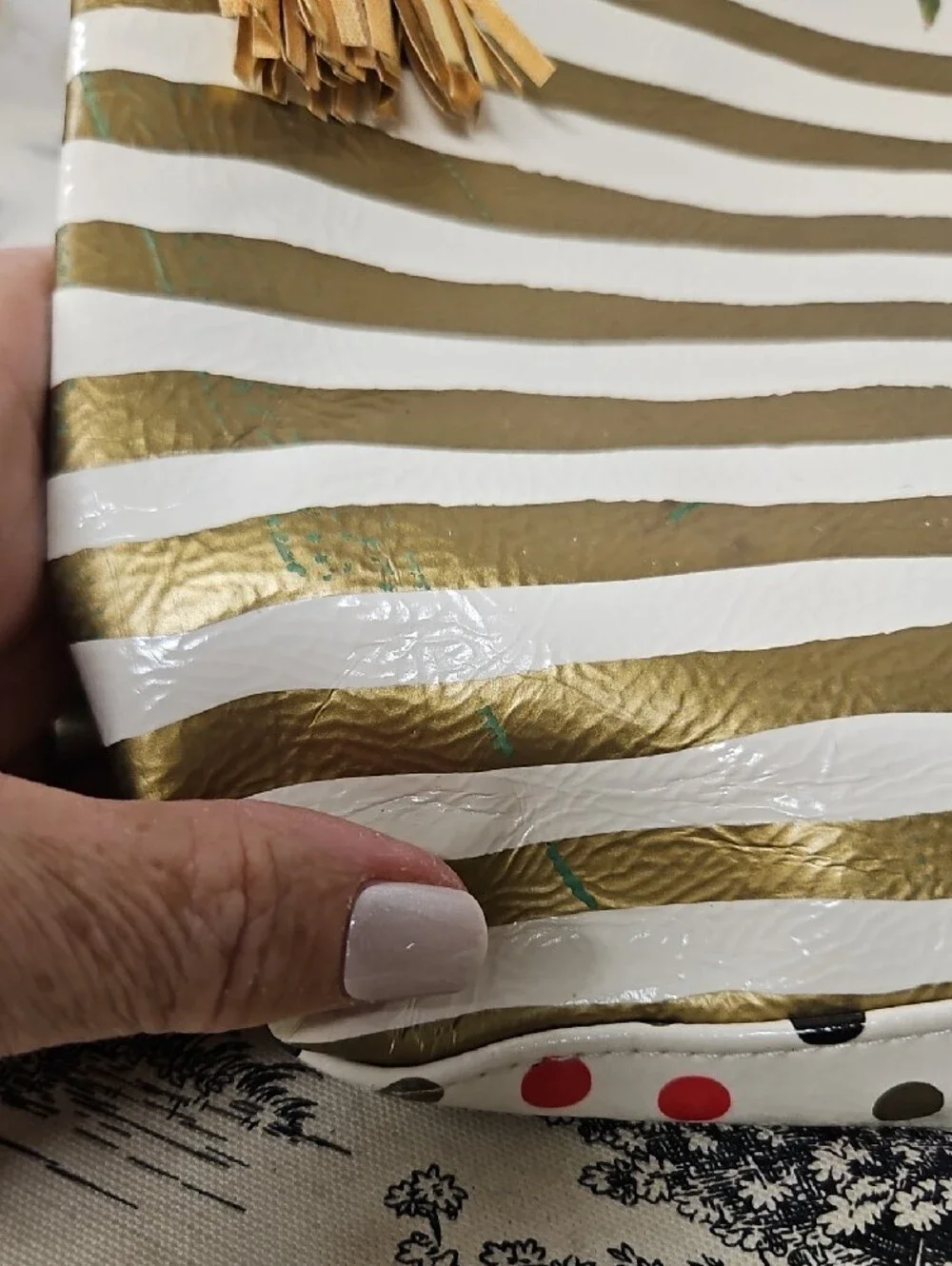 Gold Stripe Rose Print Cosmetic Pouch with Gold Tassel